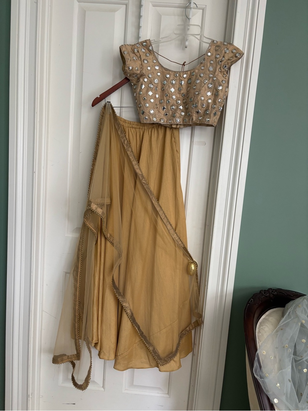 Embellished Gold Crop Top and Skirt Set with gold dupatta Medium size women